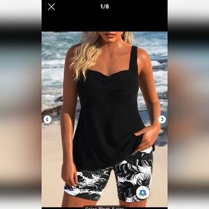 Black Tankini Set Top with Black and White Swim Shorts XL NWOT